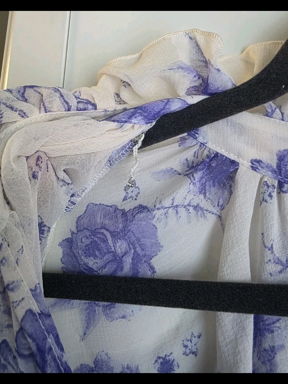 Free People Cream Blouse with Blue Floral Ruffle V-Neck
